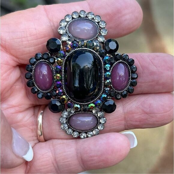 Gorgeous Vintage Brooch Pin OS Purple Stone Beads & Rhinestones Argyle-Shaped - Picture 2 of 5